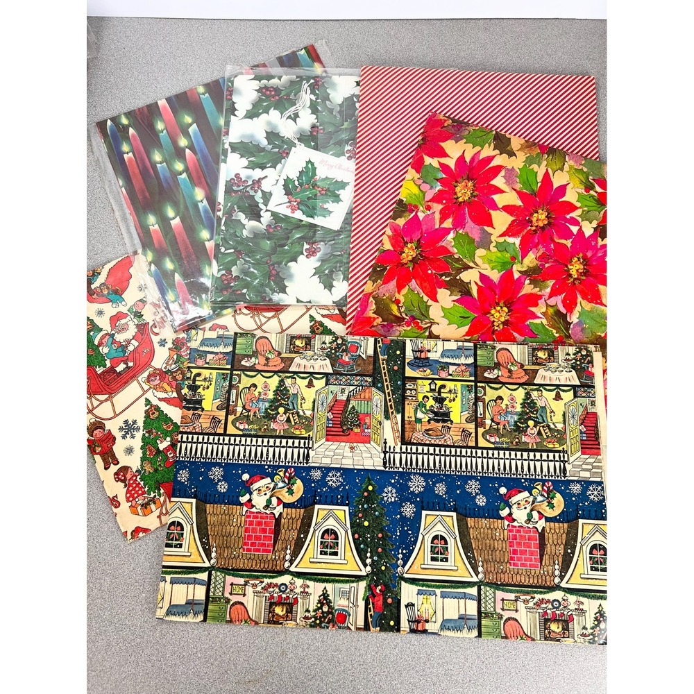 Vintage Gift Wrap lot 6 different designs retro Large sheets holidays ephemera